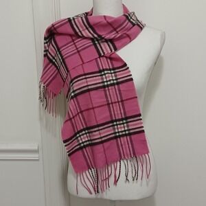 V. Fraas Cashmink Womens Pink Plaid Fringe Scarf Made In Germany Super Soft NWOT